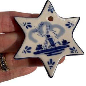 ornament blue white handmade Holland Netherlands windmill 6 point star ceramic